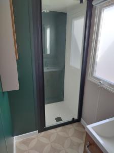 塞里尼昂Mobil home 6/8personnes的一间带玻璃淋浴和水槽的浴室