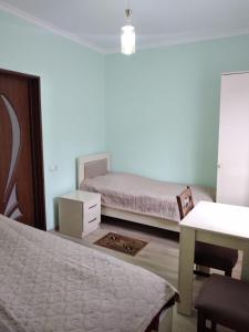 茨卡尔图博Nunu's Guesthouse的一间卧室配有两张床、一张桌子和一张书桌
