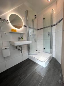 诺德代希Pension Seepferdchen的带淋浴和盥洗盆的浴室