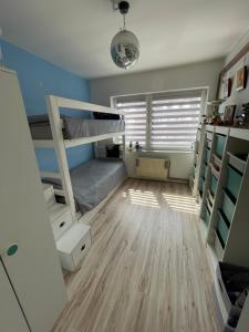 彼得罗瓦拉丁Azul Apartman的一间铺有硬木地板的小卧室,配有双层床。