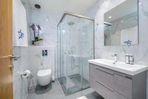 斯卡拉拉乔伊Hotel ASTERA的带淋浴、卫生间和盥洗盆的浴室