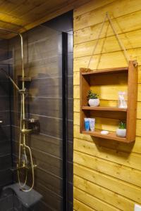 卡兹贝吉Eco cottage Kazbegi的带淋浴的浴室(带木墙)