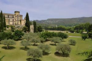 卢马罕Mas provençal, parc de 6000m2, Lourmarin à pied的享有树木公园和建筑的空中景致