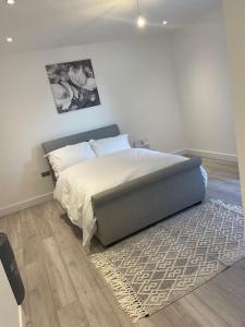 克罗伊登Stylish and Cosy 2 bedroom flat in Croydon的卧室配有一张床,地板上铺有地毯