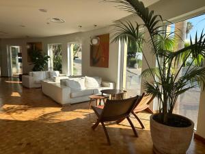 卢斯Vila Luz的一间客厅,配有白色家具和盆栽植物