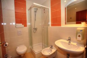 默主歌耶莱昂纳多酒店的带淋浴、卫生间和盥洗盆的浴室