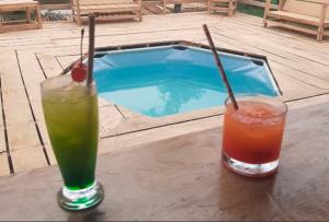 伊基托斯Ceiba Amazon Lodge的坐在游泳池旁的桌子上喝两杯饮料