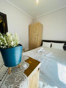 尼亚·卡利克拉提亚D & J Luxury House的一间卧室,配有一张蓝色锅子床
