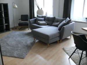 什未林Stilvolle Ferienwohnungen im Zentrum von Schwerin的客厅配有灰色沙发和地毯