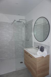 圣艾尼昂Riva Home的带淋浴、水槽和镜子的浴室