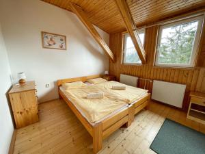 JarabáHorský Hotel Totem的木制客房内的一间卧室,配有一张床