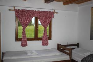 扎布利亚克Village house Popovic的客房设有两张床和一个带窗帘的窗户。