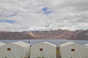 斯潘格米克Pangong Retreat Camp的湖前的白色帐篷