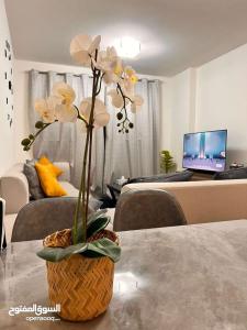 马斯喀特One Bed Room Apartment Muscat Hills的客厅里带花的花瓶