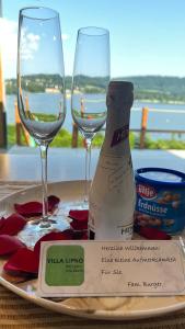 LoučoviceLipno Villa Beach - Lipno Stausee - Lakeside的盘子,带两杯酒和一瓶葡萄酒