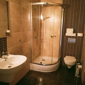 可罗日采Hotel Hetman的带淋浴、盥洗盆和卫生间的浴室