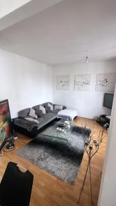 布洛涅-比扬古Appartement 60 m², porte de Saint-Cloud的客厅配有黑色沙发和地毯。