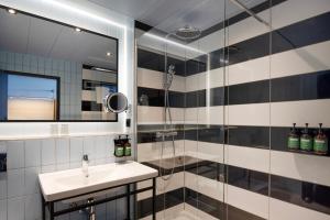 安特卫普安特卫普皇冠假日酒店的带淋浴、盥洗盆和镜子的浴室