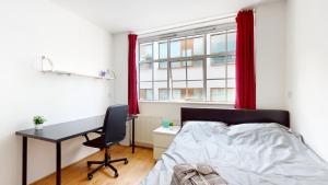 伦敦Superb Studio Apartment的一间卧室配有一张床、一张书桌和一个窗户。