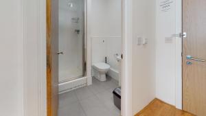 伦敦Superb Studio Apartment的白色的浴室设有卫生间和淋浴。