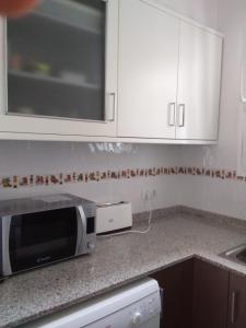 莱斯卡瑟斯-达尔卡纳Apartamento Lepanto Playa的厨房配有白色橱柜和微波炉