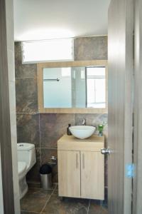 马尼萨莱斯Apartamentos cómodos en Milan zona G的一间带水槽、镜子和卫生间的浴室