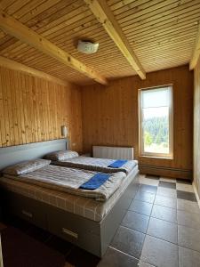 布克维Котеджі Зоряне Небо的一间带两张床的卧室,位于带窗户的房间内