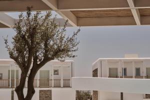 埃利亚海滩Yi Hotel Mykonos的白色建筑前的树