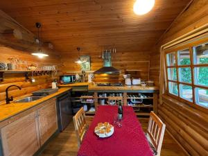 LeiselChalet Birdieferienhaus by Interhome的小屋内的厨房配有红色桌子