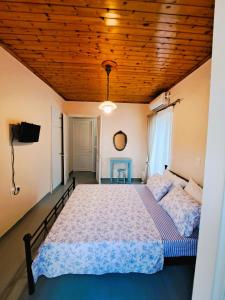 波罗斯Giasemi traditional house的一间卧室设有一张床和木制天花板