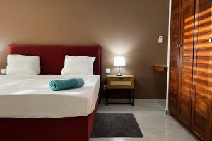斯基灵角Maya Plage, Villa en bord de mer的一间卧室配有一张带蓝色枕头的床