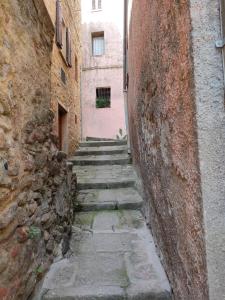 Isola del GiglioCasa Centurioni的两栋建筑之间有一条石阶的小巷
