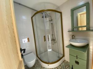 伊斯坦布尔Balat Historical Luxury House的带淋浴、卫生间和盥洗盆的浴室