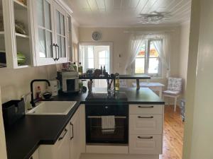 BernsteinMeli´s Zirbenbett Ferienhaus的厨房配有黑色台面和水槽