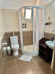 特里科莫Royal Sun NETFLIX Residence, Long Beach Design Apartment - no utility expenses!的带淋浴、卫生间和盥洗盆的浴室
