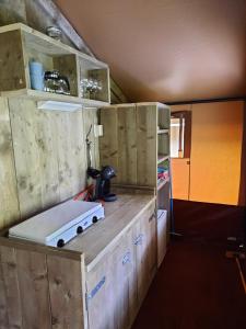 VledderSafaritent Sarek, Wolvenspoor 10的厨房配有木制橱柜和台面