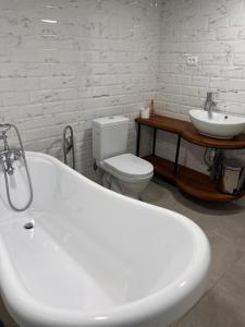 阿斯平贾Brewery House&Beer Spa的一间带水槽、浴缸和卫生间的浴室