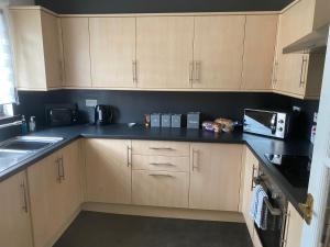 巴洛赫Argyll Apartment Loch Lomond的厨房配有木制橱柜和黑色台面