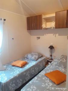Jaujaccamping bonneval的小型客房配有2张单人床和镜子