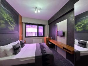 伊斯坦布尔Black Art Otel的配有一张床和一张书桌的酒店客房