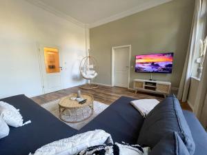 马格德堡Bamboo City的客厅配有蓝色的沙发和平面电视。