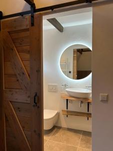 Noord-SleenBed & Breakfast de Hoefstal的浴室设有木门和镜子