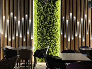 乌尔齐尼蓝星公寓的一间带桌椅和绿色墙壁的餐厅
