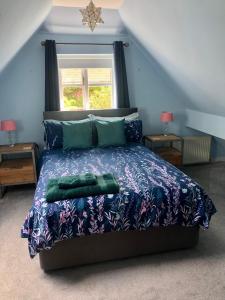 Hope under DinmoreThe Annexe at Walnut Tree Cottage的一间卧室配有一张带蓝色棉被的床