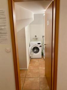 莱茵河畔凯尔Stilvolles Mikroapartment in Kehl Goldscheuer - 1A Guesthouse的一间小浴室,内设洗衣机