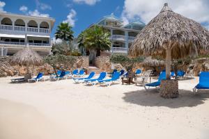 威廉斯塔德Curacao Luxury Holiday Rentals的海滩上的一组椅子和遮阳伞