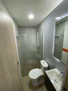 麦德林HOTEL ESTADIO DORADO的浴室配有卫生间、淋浴和盥洗盆。