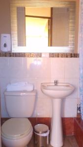 齐克拉约Hospedaje Oasis的一间带卫生间、水槽和镜子的浴室