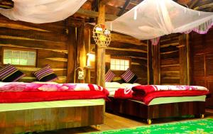 波来古市Plei Homestay & Café的小木屋内一间卧室,配有两张床