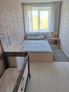 姆尔斯拉格斯Dzintaru apartamenti的一间卧室设有两张床和窗户。
